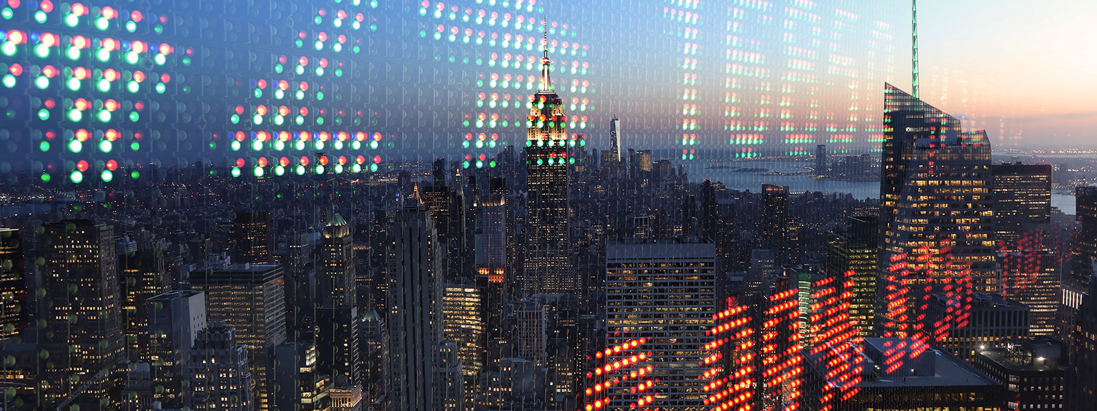 Exchange rate board with a reflection of New York City