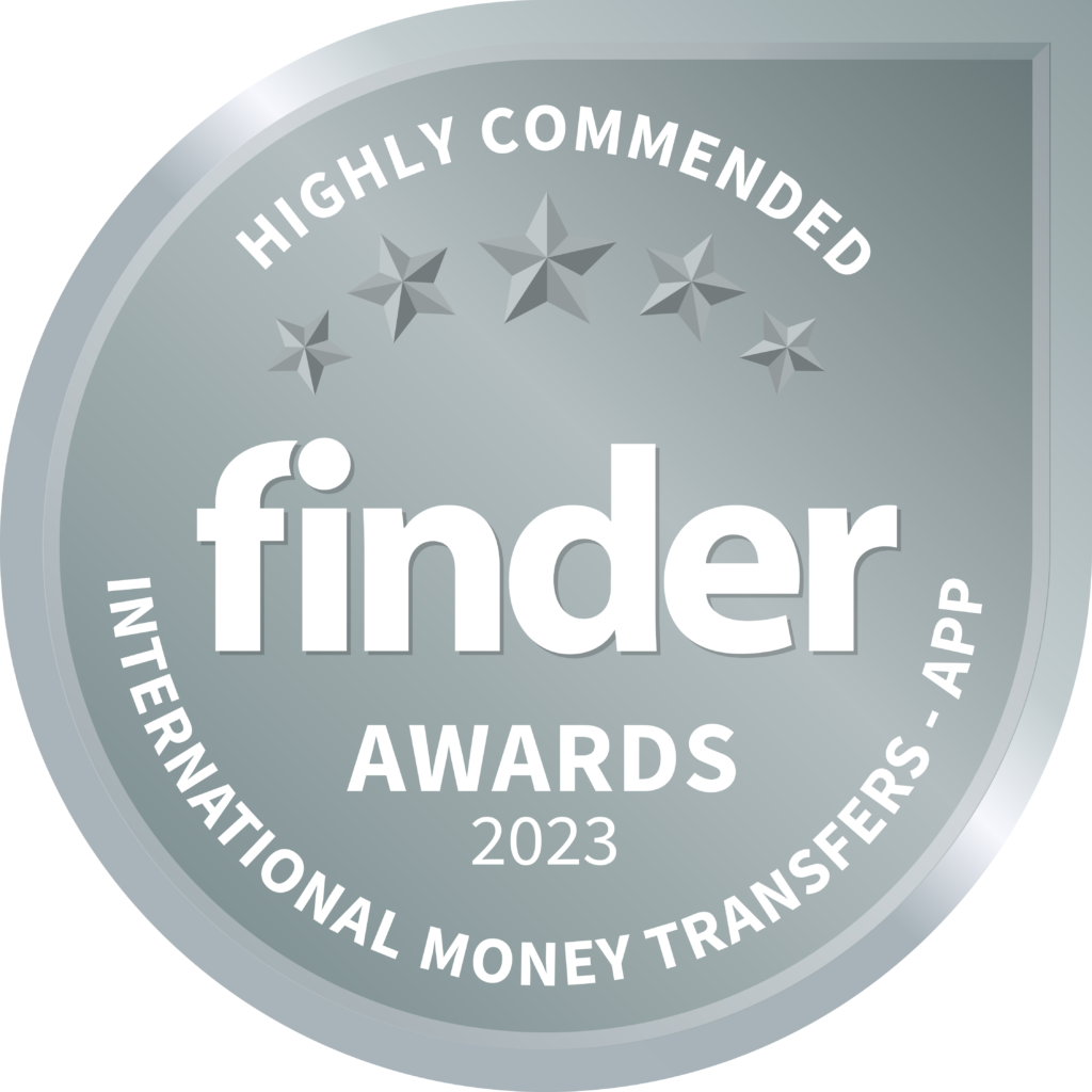 Silver circle with 5 starts. Text on award circle is, Highly Commended. Finder Awards 2023. International Money Transfers - App