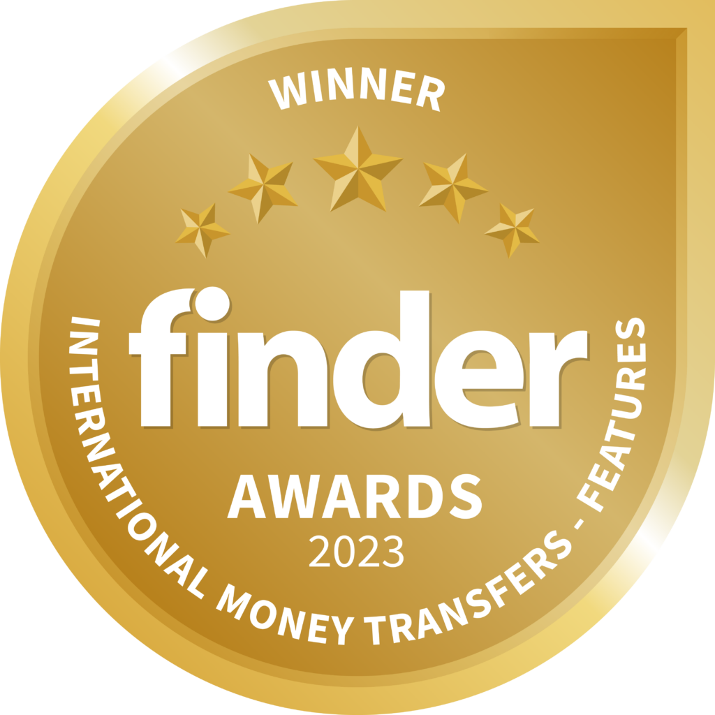 Golden circle with 5 starts. Text on award circle is, Winner. Finder Awards 2023. International Money Transfers - Business