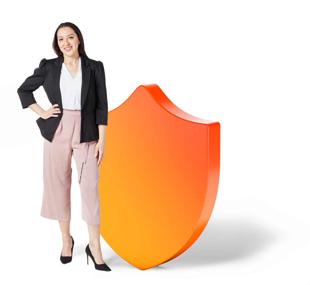 OFX staff member, Dalijinder, smiling with one hand on her hip, wearing a suit and standing next to a 3D orange shield icon