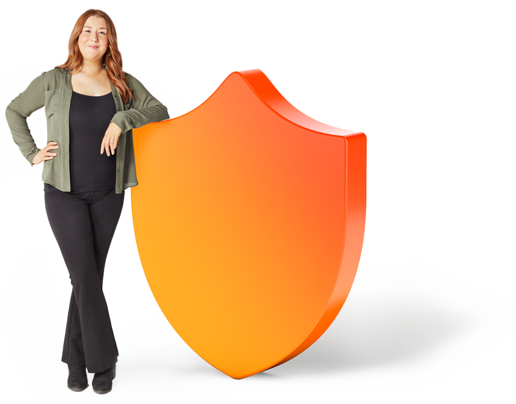 OFX staff member, Sinead, wearing a smart casual outfit, smiling and resting her arm on a 3D orange shield icon.