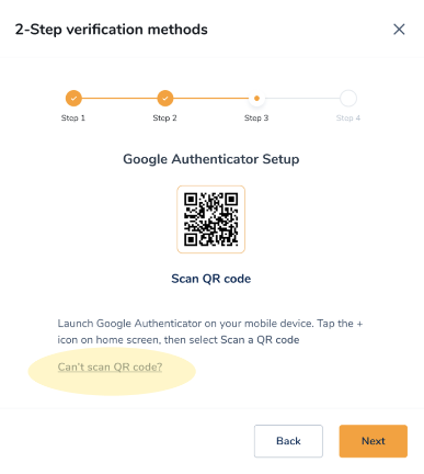 2-Step verification methods screen highlighting "Can’t Scan QR code" link