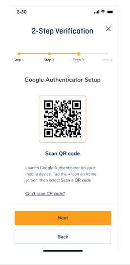 OFX Mobile app  2-Step Verification screen showing the QR code