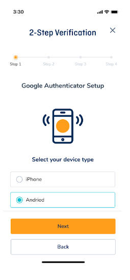 OFX Mobile app 2-step verification - Select your device screen
