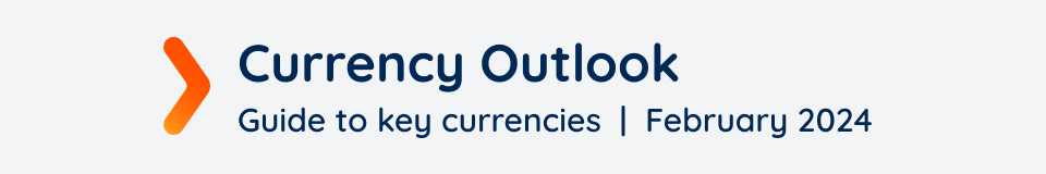 Branded banner with the text = Currency Outlook. Guide to key currencies. February 2024