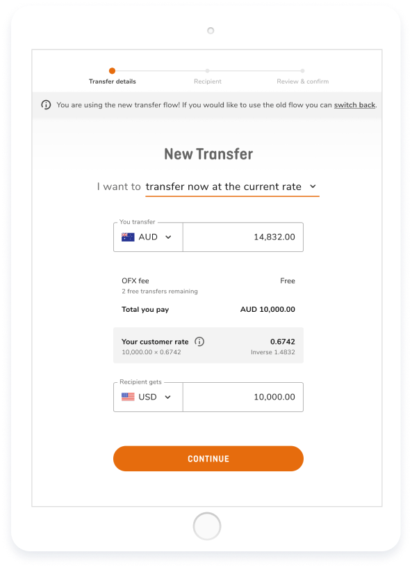 Product screenshot showing dropdown options to select the currencies you want to send and receive, space to enter the amounts, and an estimate of how much your transfer will cost.