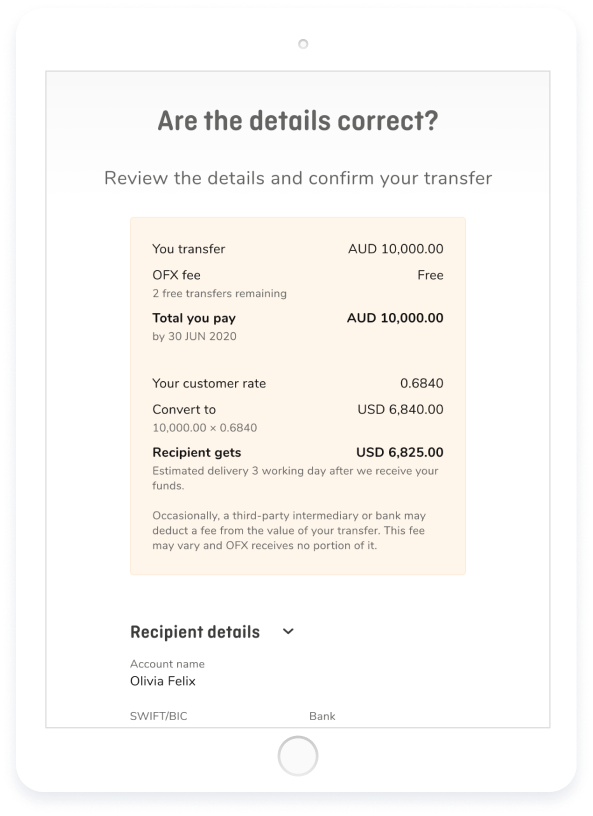 Product screenshot showing the details of your transfer for you to review and confirm.