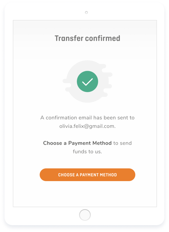 Product screenshot showing a large green tick and large bold text, “Transfer Confirmed”